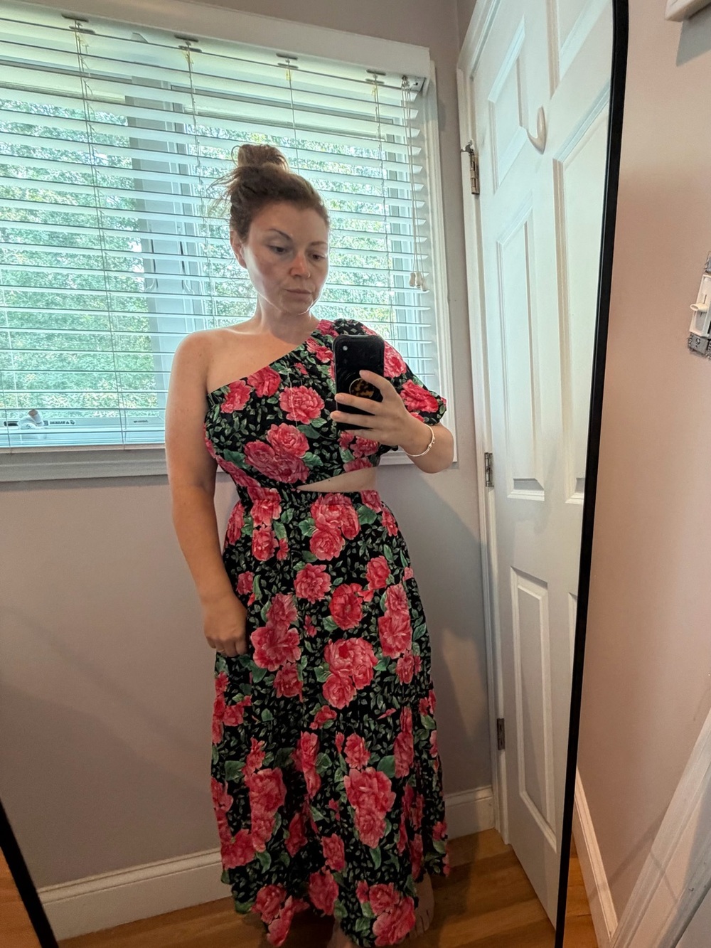 Moon River One-Shoulder Maxi Dress with Pink Rose Print